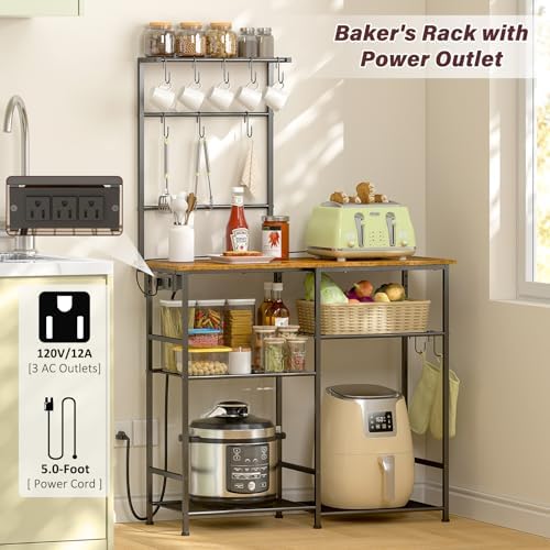 3IngSeagulls Bakers Rack with Power Outlet, Kitchen Microwave Stand with 10 S-shaped Hooks, 6-Tier Coffee Bar Station, Kitchen Storage Shelf Rack for Spices, Pots, Rustic Brown - Image 3