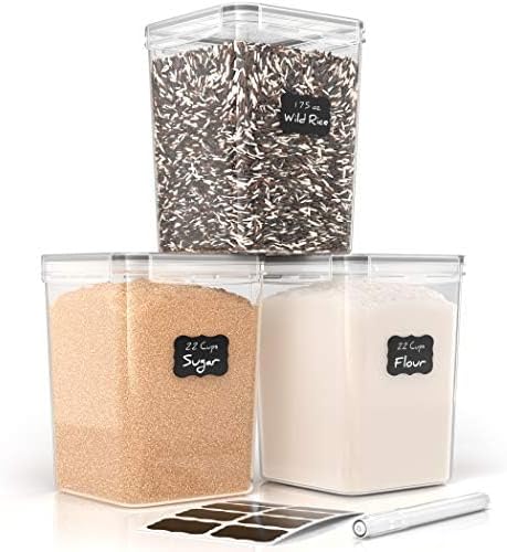 Simply Gourmet Airtight Flour and Sugar Containers with Lids – 3 Piece Kitchen Pantry Organization Set, BPA-Free Clear Plastic, Stackable Canisters for Baking Ingredients, Rice, Snacks, Cereal by SimplyGourmet