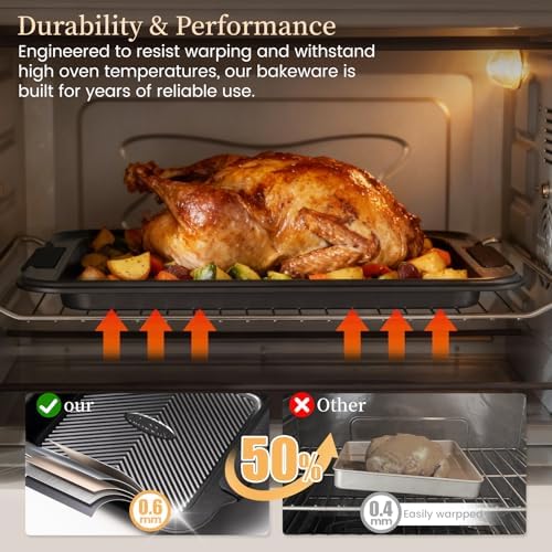 Kikcoin 25-Piece Nonstick Baking Pans Set with Large Turkey Roasting Pan, Stackable Ceramic Bakeware Set, 450°F Oven Safe Baking Sheet Set with Silicone Handles, Cookie Sheets for Baking, Black - Image 5