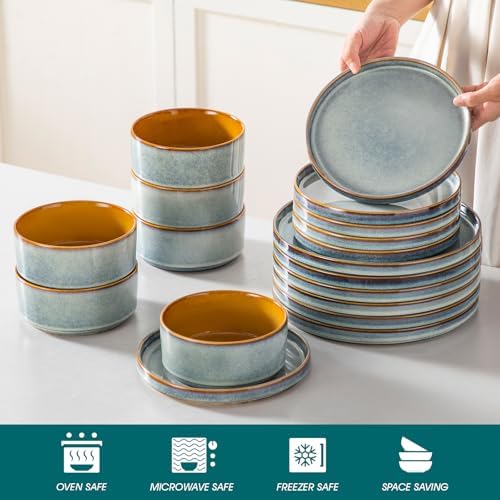 vancasso ONION Ceramic Plates and Bowls Sets, 18 Pieces Light Blue Dinnerware Sets for Kitchen, Reactive Glaze Dishes Set for 6, Dishwasher and Microwave Safe - Image 4