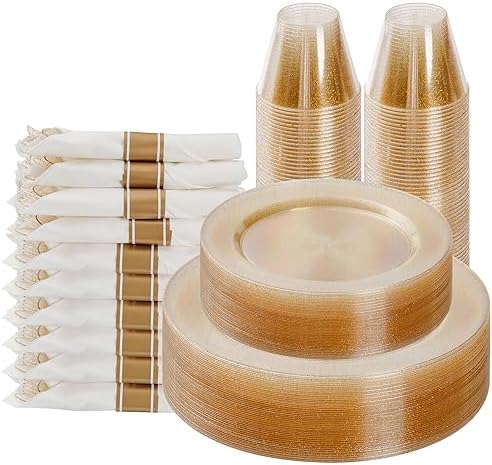 Goodluck 175 Piece Gold Glitter Plastic Dinnerware Set for 25 Guests by GoodLuck