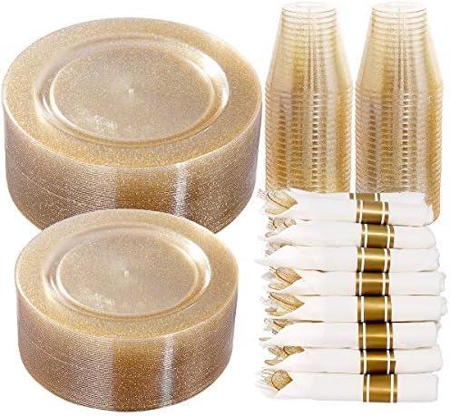 DaYammi 350PCS Gold Glitter Plastic Dinnerware Set for 50 Guests by DaYammiwillaccompanyyou