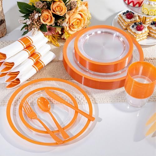I00000 210 Pcs Clear Orange Plastic Dinnerware Set, Fancy Disposable Plates - Image 3