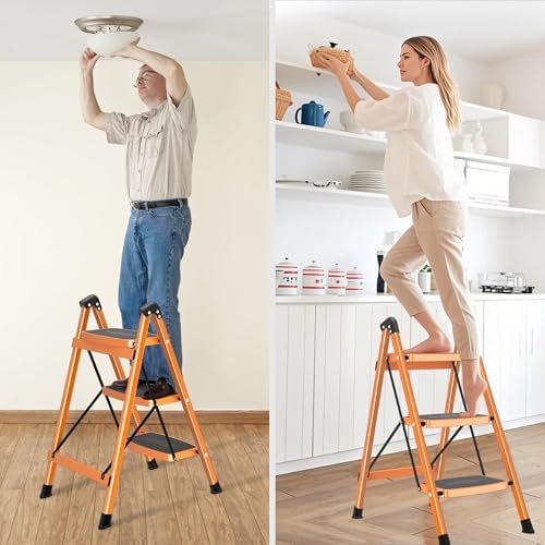 DIAMONDFORGE 3 Step Ladder, Folding Step Stool with Anti-Slip Wide Pedal, Soft Handle, Anti-Slip Feet, Sturdiest Steel Construction, 500lbs Capacity Steel Ladder for Home and Office, Orange - Image 6