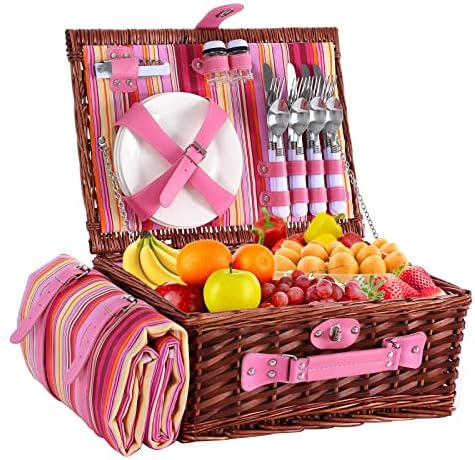 Wicker Picnic Basket for 4 with Waterproof Picnic Blanket and Insulated Cooler, Willow Hamper for Camping, Outdoors, Photoshoot, or a Birthday, Valentine’s Day, Wedding Gift, Pink by HYBDAMAI