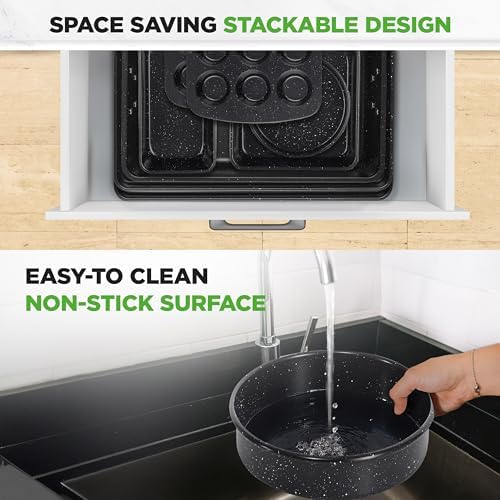 NutriChef 8-Piece Stackable Bakeware Set - Carbon Steel Non-Stick Baking Pan Set, Sheet, Muffin, Round, Loaf, Square Cake & Deep Pans, 450°F Heat Resistant, Standard & Convection Ovens (Black Marble) - Image 5