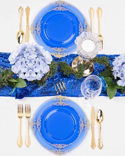 Nervure 350Pcs Blue Plastic Plates, Plastic Dinnerware Set for 50 Guests - Image 6
