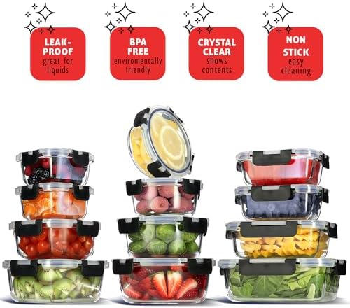 EATEX 24pc Glass Storage Containers with Lids, 12 Set Glass Food Storage Containers with 12 Airtight Lids, Pantry Kitchen Meal Prep Containers for Lunch, Freezer Storage Containers, Jet Black - Image 7