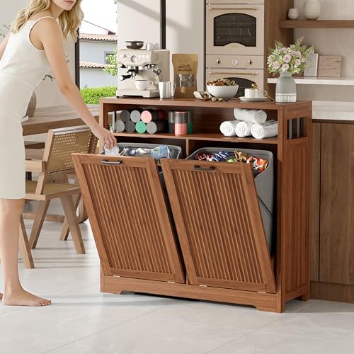 Pet-Proof Double 13 Gallon Tilt Out Trash Can Cabinet with Open Storage – Hide Garbage & Recycling Bins to Keep Your Kitchen Clean and Organized,Walnut - Image 2