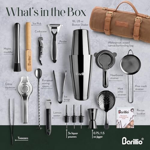 Barillio Bartender Kit Bag with Black Cocktail Shaker Set - Waxed Canvas, Traveling Bar Tools Bag with 17-Pc Cocktail Kit - Travel Mixology Bartending Kits - Mobile Bar Roll with Strap & Accessories - Image 4