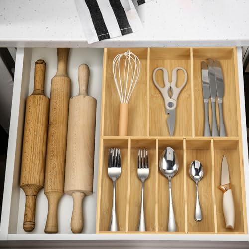 Fabsome Silverware Organizer for Kitchen Drawers, 2.5'' Deep 12.8'' Wide Bamboo Wood Flatware Tray with Deep Slots for Large Cutlery Utensil Drawer - Image 5