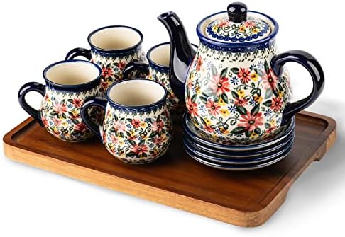 polish pottery style porcelain ceramic 10 piece Tea set,7.2oz tea cup and sauce set of 4,28.2oz teapot and wooden serving tray.（ Exotic Daisy） by ONECCI