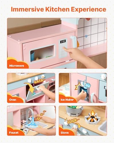 VEVOR Wooden Play Kitchen Toy, Play Kitchen for Kids with Lights and Sounds, Toddler Kitchen with Ice Maker, Oven, Sink, Microwaves, Fridge and Utensil and Fruit Accessory for Toddlers, Pink - Image 4
