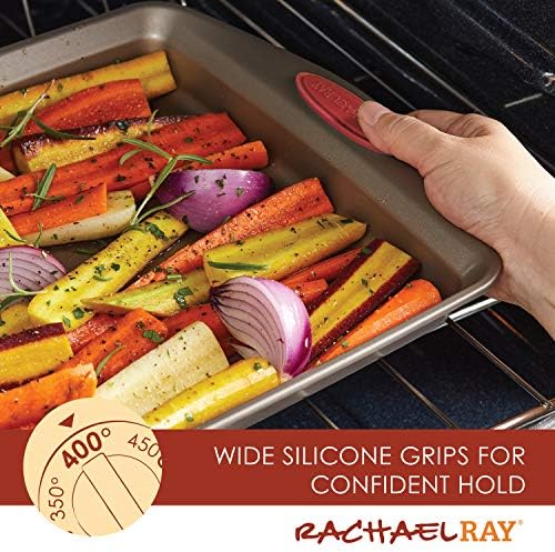 Rachael Ray Cucina Bakeware Set Includes Nonstick Cake Cookie Baking Sheet and Muffin Cupcake Pan, 4 Piece, Latte Brown with Cranberry Red Grips - Image 3