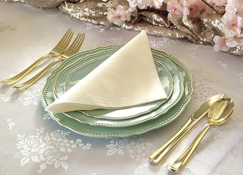 " OCCASIONS " 200pcs set (25 Guest)-Wedding Disposable Plastic Plates & cutlery - 10.25'', 7.5'' +paper napkins, Gold rim cups & Silverware (Rochelle Seafoam/Mint and Gold)) - Image 4