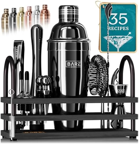 BARE BARREL® Mixology Bartender Kit Bar Set | 14-Piece Cocktail Shaker Set | Martini Barware Mixing Tools for Home Bartending | 35 Recipe Cards | Gift Set (24oz Cobbler Shaker, Jet Black/Black) by BareBarrel