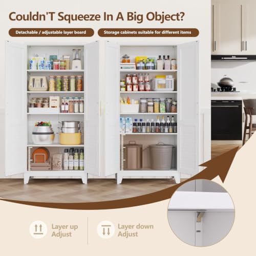 61" H Storage Cabinet, Freestanding Kitchen Pantry Cabinet with Louvered Doors, Adjustable Shelves Tall Kitchen Cabinet for Kitchen Dining Room Laundry Room, 61" H x28 W x14 D, White - Image 5