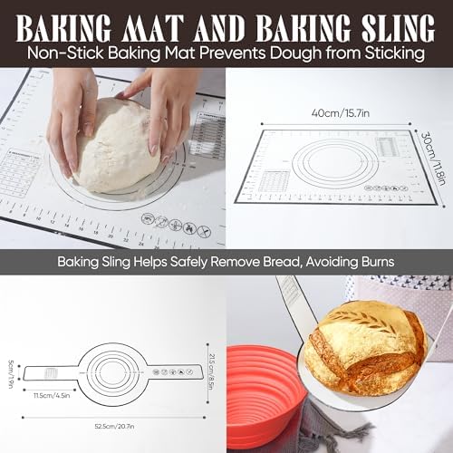 Sourdough Starter Kit with Jar – Complete Sourdough Bread Baking Supplies for Beginners, Includes 2 Silicone Proofing Baskets Baking Mat Sour Dough Kit - Red - Image 4