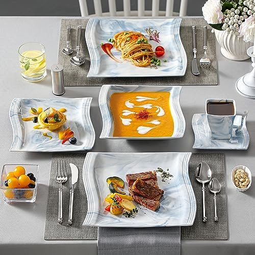 MALACASA Dinnerware Sets for 6, 30 Piece Porcelain Plates and Bowls Sets, Square Dish Set with Dinner Plate and Bowl, Cup and Saucer, Blue Dishes Dinnerware Set, Modern Dishware Sets, Series Flora - Image 3