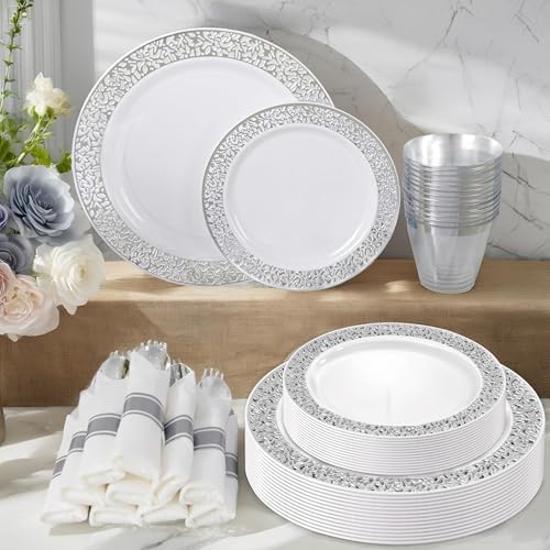 WELLIFE 175Pcs Silver Dinnerware Sets, Include:25 Dinner Plates, 25 Dessert Plates, 25 Paper Napkins, 25 Cups, 75 Silver Silverware Set for Party and Weddings - Image 6