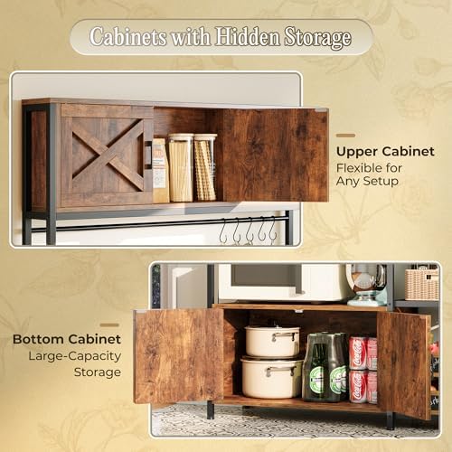 Huuger Large Bakers Rack with Power Outlet, Kitchen Microwave Stand with Cabinets, Coffee Bar Table Station with Storage, 6 S-Shaped Hooks, Mesh Shelves, 45 Inch Wooden Top, Rustic Brown - Image 5