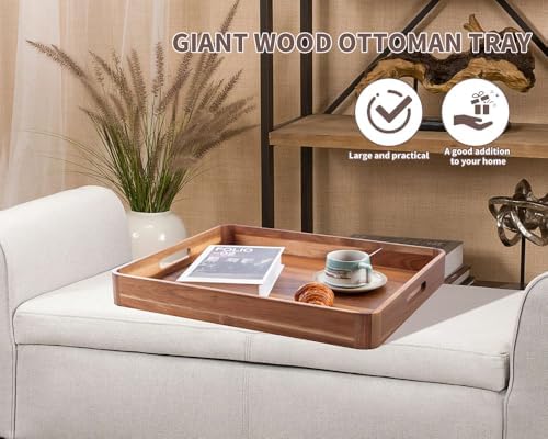 Large Wooden Ottoman Tray, Great 22"x18" Rectangle Trays for Big Ottoman Counter, Huge Kitchen Wood Serving Tray Round Corner, Living Room Coffee Table Decor Centerpiece Organizer Trays - Image 4