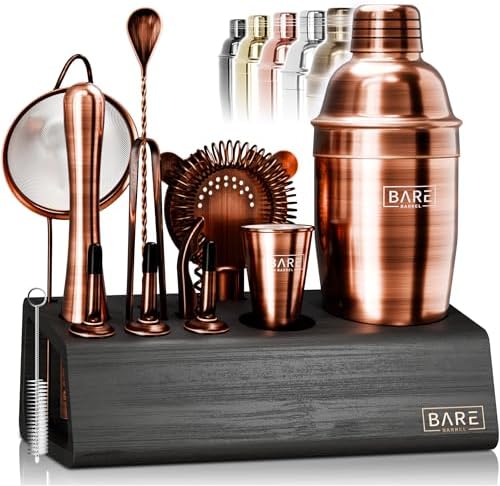 BARE BARREL® Mixology Bartender Kit Bar Set | 14-Piece Cocktail Shaker Set | Martini Barware Mixing Tools for Home Bartending | Incl. 35 Recipe Cards | Gift Set (24oz Cobbler Shaker, Copper/Black) by BareBarrel