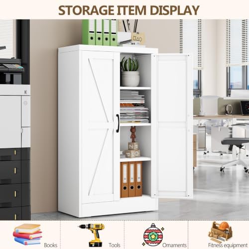 White Metal Storage Cabinet, 43" Kitchen Pantry Cabinets for Office - Image 3