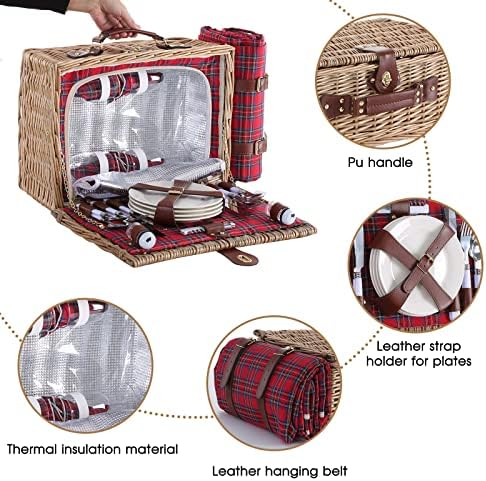Wicker Picnic Basket for 4 with Waterproof Blanket Red Grid - Image 5