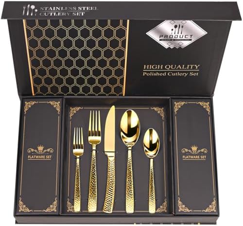 Hammered Gold Silverware Set With Gift Box For 8 Cutlery Set Utensils Stainless Steel Flatware 40 Pieces MIKIWAY Luxury Kitchen Tableware Set For Gifts Festive, Dishwasher Safe, Mirror Polishing by MIKIWAY