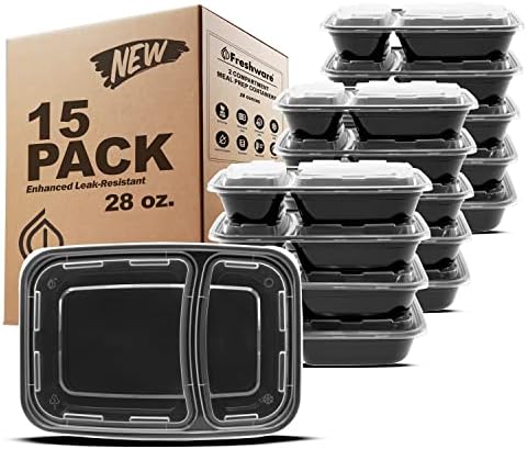 Freshware Meal Prep Containers with Lids 28 oz [15 Pack] 2-Compartment Food Storage Containers, Bento Box Lunch Containers, BPA Free, Airtight, Stackable, Reusable, Microwave/Dishwasher/Freezer Safe by Freshware