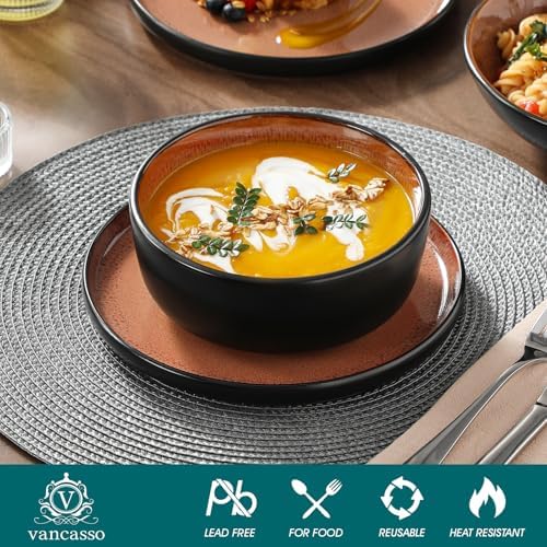 vancasso Plates and Bowls Sets, 18 Pieces Stoneware Dinnerware Sets for 6, Kitchen Dish Set Mircowave and Dishwasher Safe Ceramic Dishware, Dark Brown, Series AMBER - Image 5