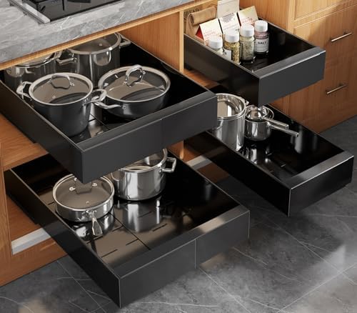 Seinloes 4 Pack Expandable Pull Out Cabinet Organizer 21" Deep With Raising Pad for Framed Cabinets,Upgrade 3 Slide Rails Slide Out Drawers,No Drill Roll Out Shelves,Adjustable Width 9"-14" Black by Seinloes