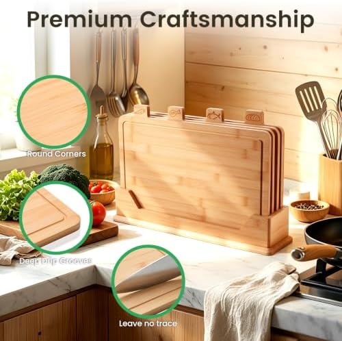 Labeled Bamboo Cutting Board Set with Storage Rack, 4-Piece Bamboo Chopping Boards for Meat, Fish, Bread & Vegetables, Kitchen Countertop Organizer with Holder, 19.9" x 4.7" x 12.6" - Image 5
