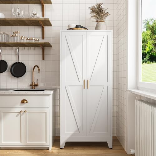 COFaR 61" Metal Pantry Cabinet with Adjustable Shelves, White Storage Cabinet with Doors and Shelves, Sturdy Freestanding Cupboard for Kitchen Pantry, Bathroom Storage, Living Room & Office - Image 3