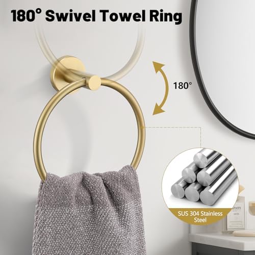 5 Pieces Brushed Gold Bathroom Hardware Accessories Set SUS304 Stainless Steel Gold Towel Bar Holder Set, 23.6Inch Towel Racks for Bathroom, Robe Towel Hooks, Toilet Paper Holder Wall Mounted - Image 3