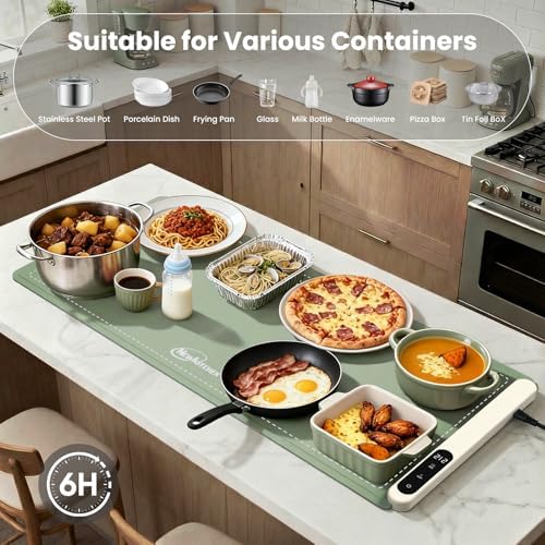 Warming Mat for Food, 36"x16" Food Warming Mat 6 Temperature & 6 Timer Settings Upgrade Graphene Fast Full Surface Heating-Versatile Food Warmer for Gatherings, Parties, Everyday Use-Slate Gray Green - Image 5