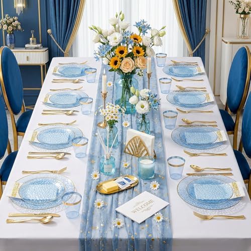 Rubtlamp 350 Pcs Clear Blue Plastic Plates, Blue Gold Plastic Dinnerware Set (50 Guests), Blue Disposable Plates With Gold Rim, Hammered Party Plates Set for Wedding And Party - Image 7