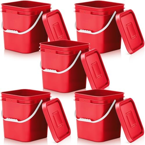 Mumufy 5 Pcs 3.5 Gallon Square Food Grade Bucket with Lid, Red by Mumufy