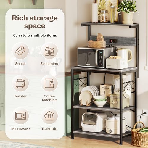 SUPERJARE Kitchen Bakers Rack with Power Outlet, Coffee Bar Table 4 Tiers, Kitchen Microwave Stand with 6 S-Shaped Hooks, Storage Shelf Rack for Spices, Pots and Pans - Charcoal Gray - Image 5
