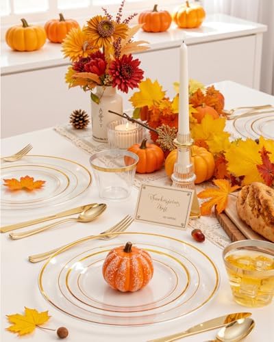 bUCLA 600PCS Clear Plates with Gold Trim - Clear Gold Dinnerware Set Disposable Include 100 Dinner/100 Dessert Plates, 100 Knives, 100 Forks, 100 Spoons, 100 Cups for Wedding, Party - Image 5