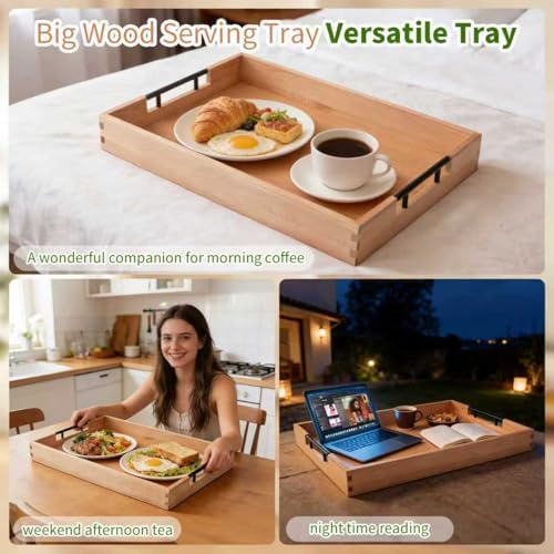 Large Ottoman Tray, 20"x14" Rectangular Trays for Big Ottoman, Maple Wooden Serving Tray with Metal Handles, Wood Serving Tray Counter Kitchen, Living Room Coffee Table Decor Organizer - Image 5