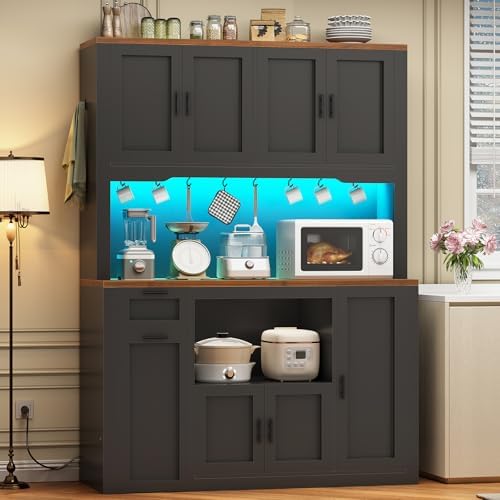 Itaar 71" Pantry Cabinet with Charging Station and LED Light, Kitchen Pantry Cabinet with Microwave Stand, 47.2" Wide Kitchen Storage Cabinets with Storage Cart 3 Tier for Dining Room, Black - Image 3