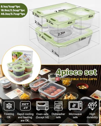 4-Pack Glass Food Storage Containers with Tempered Lids – Borosilicate, Airtight, Oven-Safe (-4°F~950°F), BPA-Free, 1Cup*2 & 2.3Cup*1 & 5.7Cup*1(Olive green) - Image 5