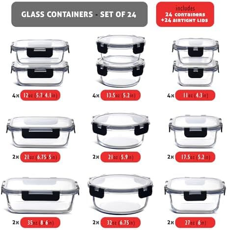 EATEX 48pc Glass Storage Containers with Lids, 24 Glass Food Storage Containers with 24 Airtight Lids for Pantry & Kitchen, Meal Prep Containers for Lunch, Oven Freezer Microwave & Dishwasher Safe - Image 3