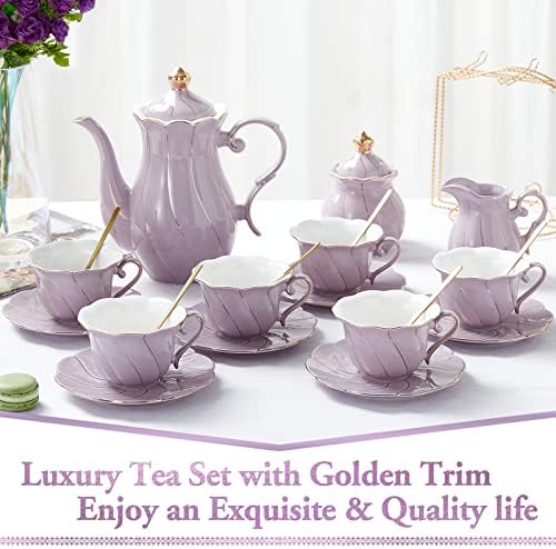 DUJUST 22 pcs Porcelain Tea Set for 6, Luxury British Style Tea/Coffee Cup Set with Golden Trim, Beautiful Tea Set for Women, Tea Party Set, Gift Package (With a Stand) - Purple - Image 2