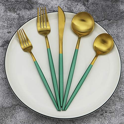 Green Handle Matte Gold Silverware, Gugrida 5-Piece 18/10 Stainless Steel Flatware Set, Kitchen Utensils, Tableware Travel Cutlery for Camping Office Lunch, Satin Finish, Dishwasher Safe - Image 3