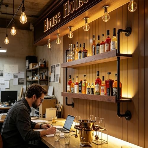 Wall Mounted Wine Rack with LED Light - 2-Tier Solid Wood Industrial Rustic Floating Shelves, Bottle Storage Organizer for Kitchen, Bar, Pub, Cellar, Home Bar (Walnut, 2-140cm/55.1in) - Image 6