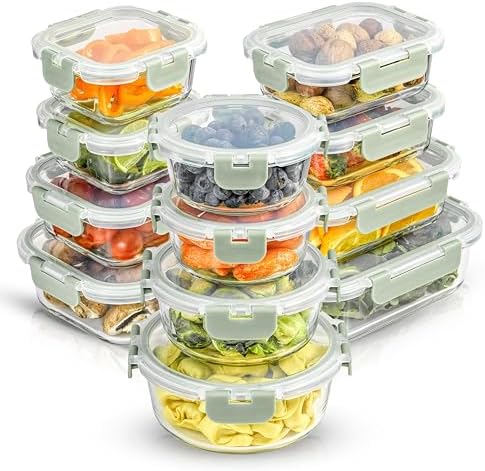 JoyJolt 24pc Borosilicate Glass Storage Containers with Lids | 12 Airtight/Freezer Safe Food Storage Containers for Pantry and Kitchen | Meal Prep Container for Lunch | Glass meal Set by JoyJolt