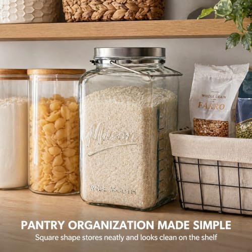 kitchentoolz Large 2 Gallon Glass Mason Jar with Big Airtight Metal Lid and Carry Handle – Wide Mouth Square Container with Measurements for Dry Goods, Bulk Storage, and Food Prep - Image 2